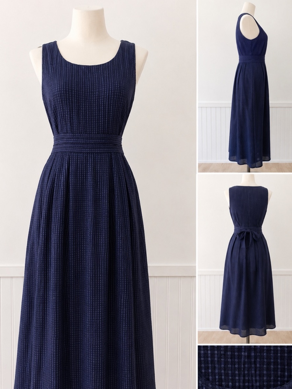 Vintage Melissa Harper Navy Checkered Midi Dress Size 12 Tie Back Sleeveless